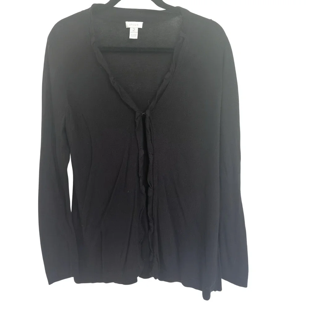 Dark Feminine Lightweight Black Ruffle Front Cardigan Layering Large